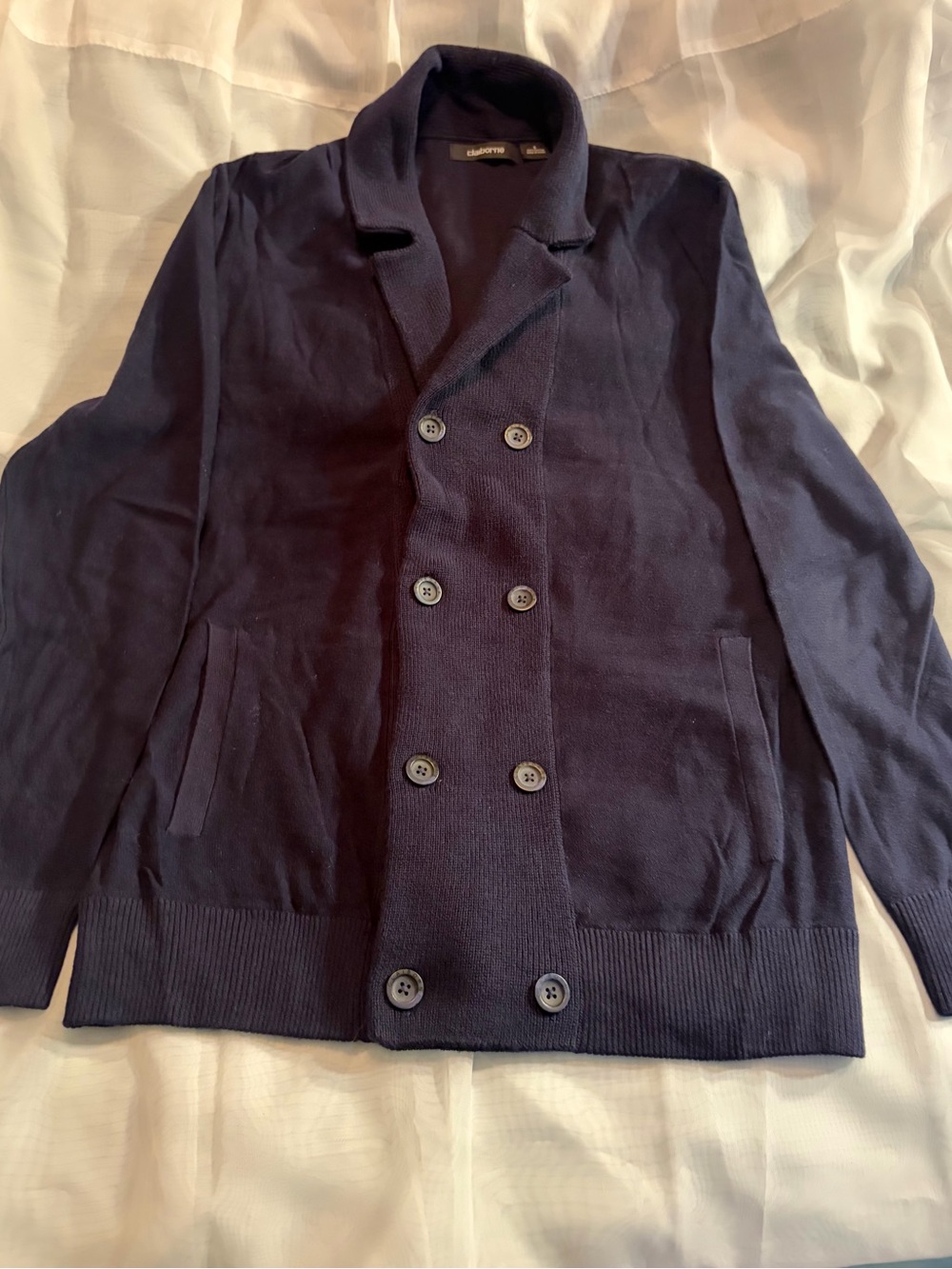 Claiborne Navy Double-Breasted Shawl-Collar Cardigan